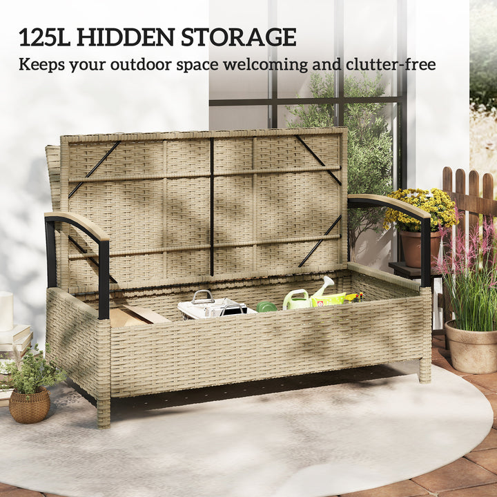 125L Garden Storage Bench, 2 Seater PE Rattan Outdoor Bench Storage Bo