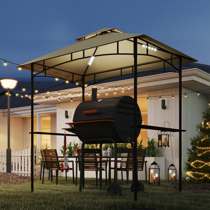 8' x 5' Grill Gazebo, Double Tiered BBQ Gazebo Shelter Canopy with LED Lights, 2 Side Shelves, Hooks, Beige