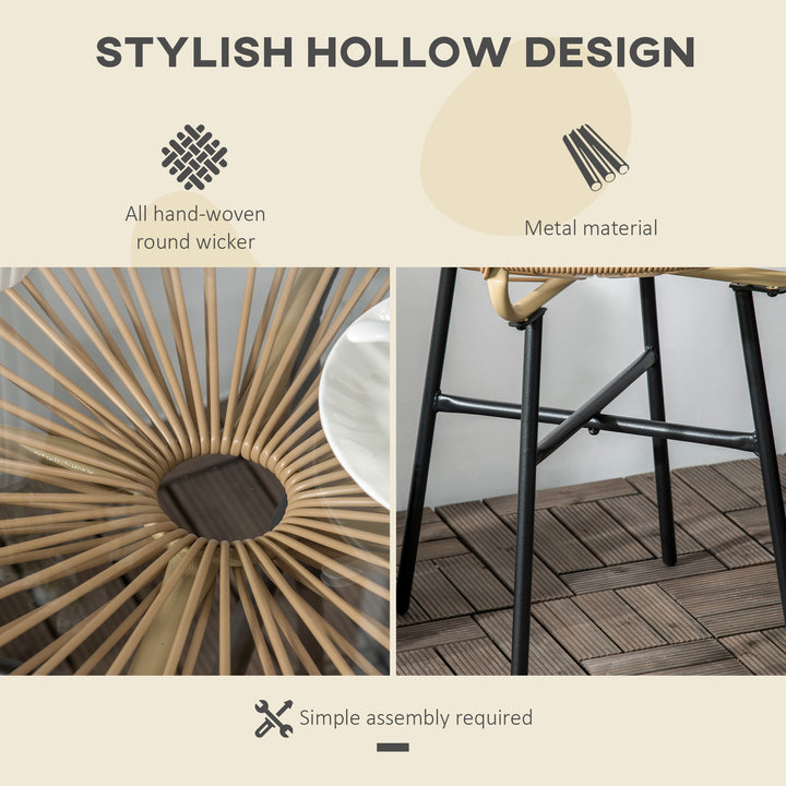 Rattan Side Table, Round Outdoor Coffee Table, with Round PE Rattan and Tempered Glass Tabletop for Patio, Garden, Balcony, Beige