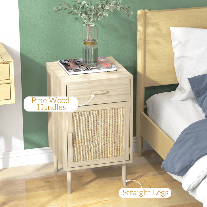 Bedside Table Set of 2, Rattan Side Tables with Drawer, Cabinet and Adjustable Shelf, Boho Bedside Cabinet with Storage for Bedroom, Living Room, Natural Wood Effect