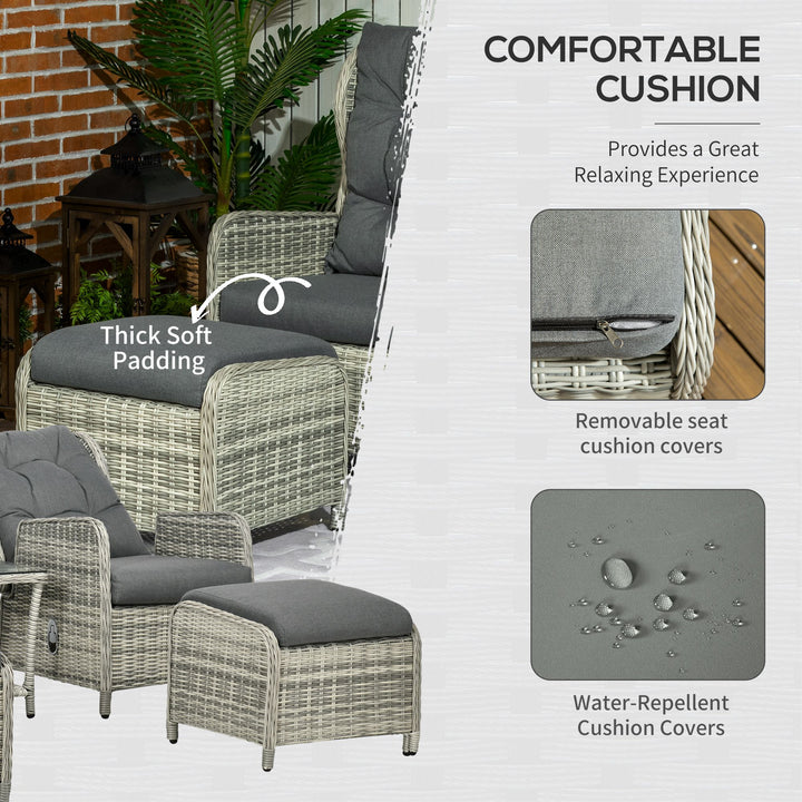 5 Pieces Rattan Bistro Set with Adjustable Back, Reclining Wicker Balcony Furniture with Cushions, Glass Top Coffee Table and Footstools, Outdoor Table and Chairs, Grey