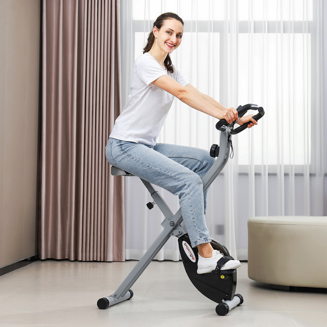 SPORTNOW Folding & Quiet Exercise Bike with 8-Level Magnetic Resistance and Heart-Rate Sensor for Home Gym, Black and Grey