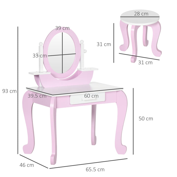 ZONEKIZ Kids Dressing Table Set Kids Vanity Set Girl Makeup Desk with Mirror Stool Drawer Round Legs for 3