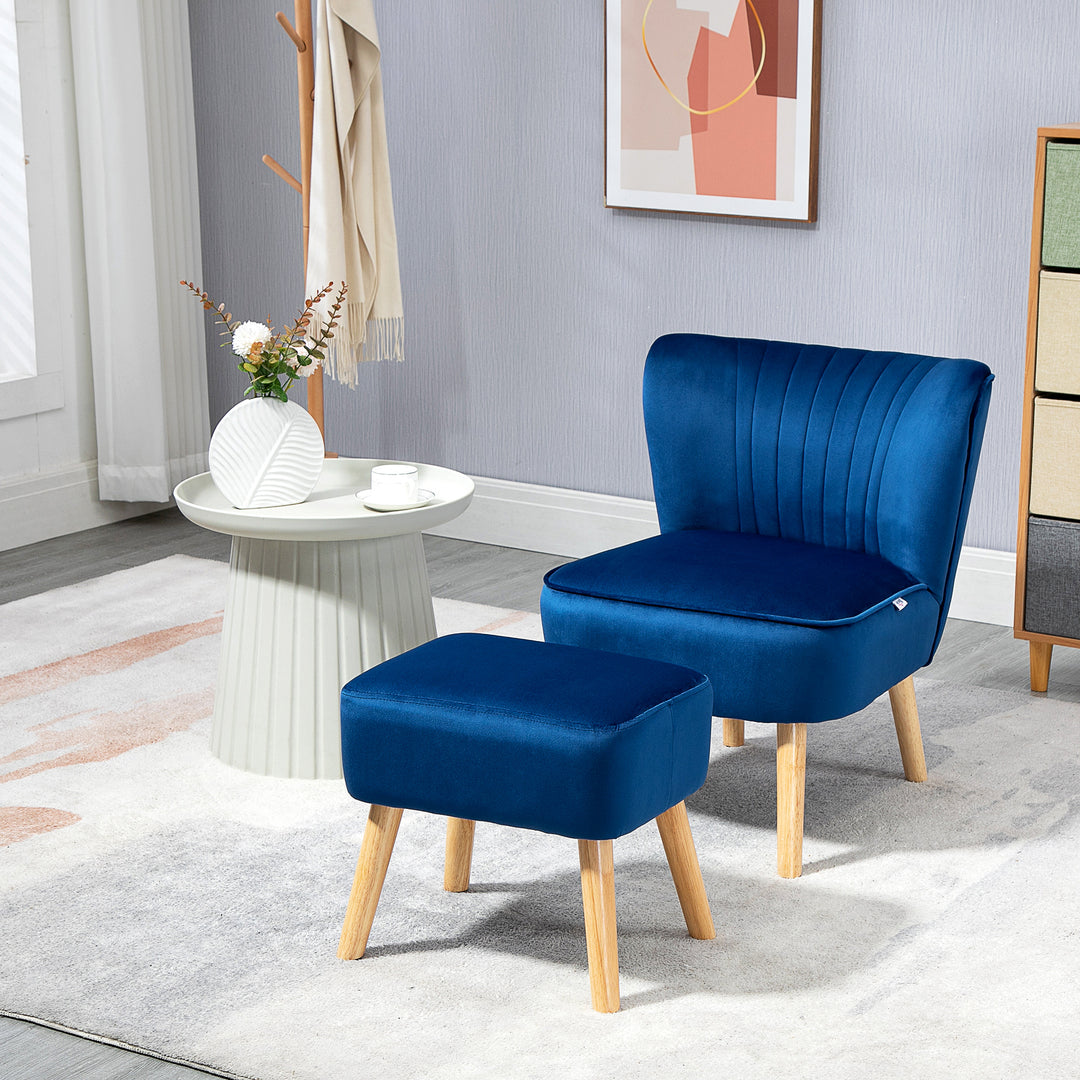 HOMCOM Velvet Accent Chair Occasional Tub Seat Padding Curved Back w/ Ottoman Wood Frame Legs Home Furniture, Dark Blue | Aosom UK