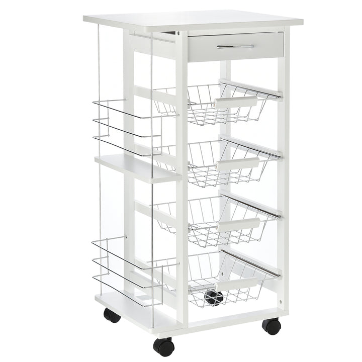 HOMCOM Multi-Use Kitchen Island Trolley w/ 4 Baskets 2 Side Racks Drawer Worktop 4 Wheels Worktop Food Storage Compact Furniture White | Aosom UK