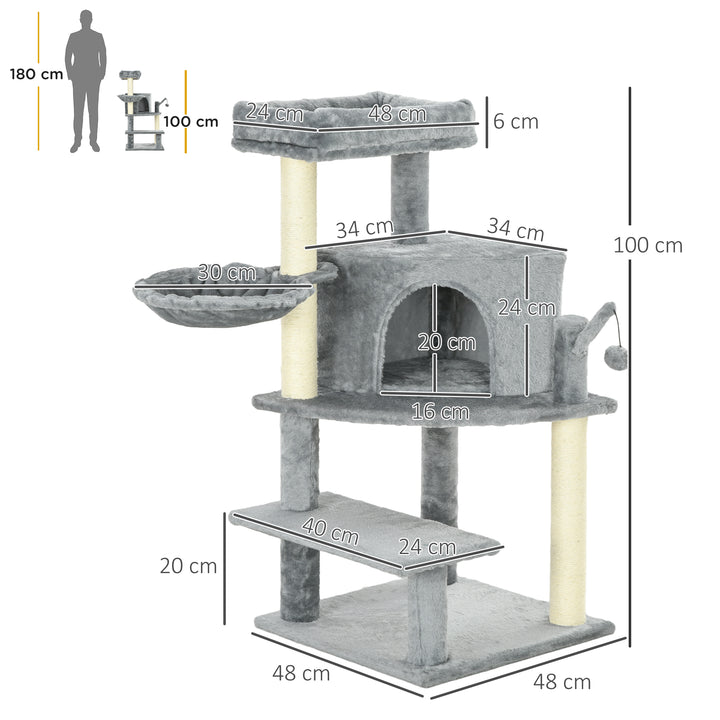 PawHut Sisal 100cm Cat Tree Tower with Sisal Scratching Post Grey | Aosom UK