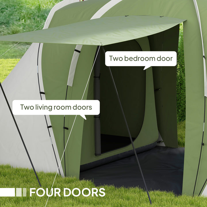 Large Camping Tent Tunnel Tent with 2 Bedroom and Living Area, 2000mm Waterproof, Portable with Bag for 4-6 Man, Green