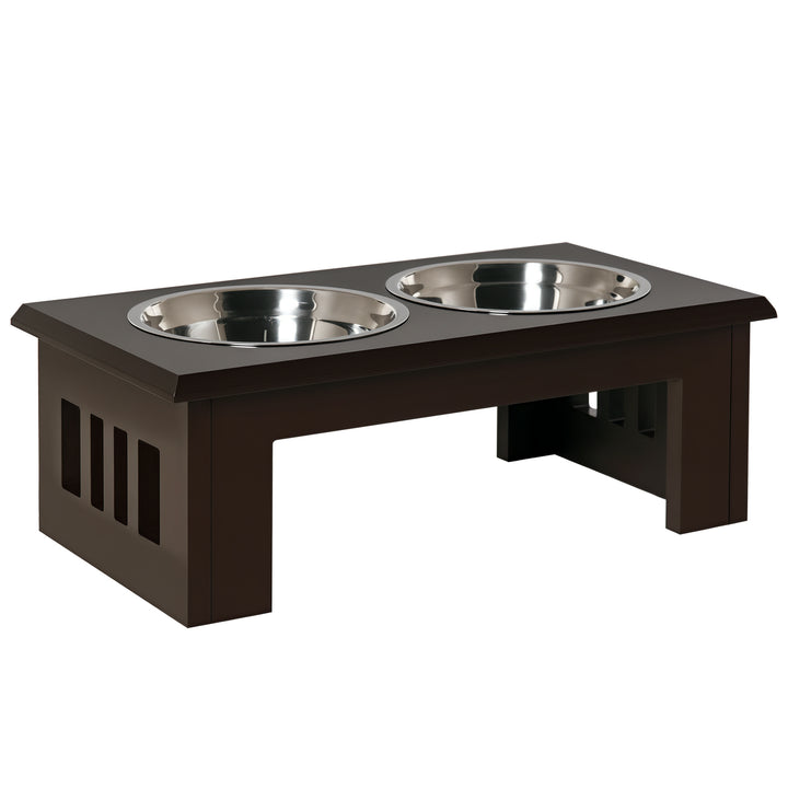 Raised Dog Feeding Bowls with Stand, Stainless Steel for Medium Dog, 58L x 31W x 25H cm - Brown