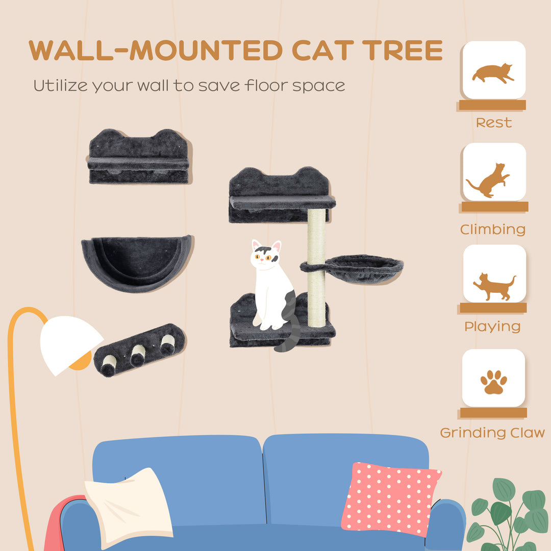 PawHut 4PCs Wall-Mounted Cat Shelves w/ Scratching Post, Hammock, Nest - Dark Grey | Aosom UK