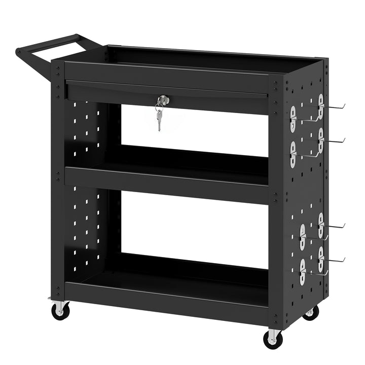 Tool Cart with Lockable Wheels, Rolling Workshop Cart with 3-Tier Tray