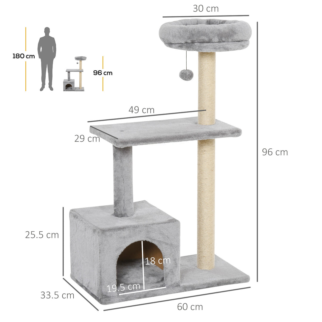 96cm Cat Tree for Indoor Cats Condo Sisal Scratching Post Cat Tower Kitten Play House Dangling Ball Activity Center Furniture Grey