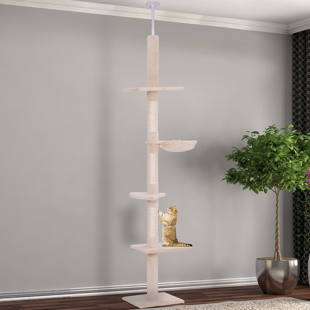 MCL Floor to Ceiling Cat Tree Height Adjustable 230-260cm, 5-Tier Cat Tower with Scratching Post, Hammock, Perches, Climbing Activity Centre for Indoor Kittens, Beige
