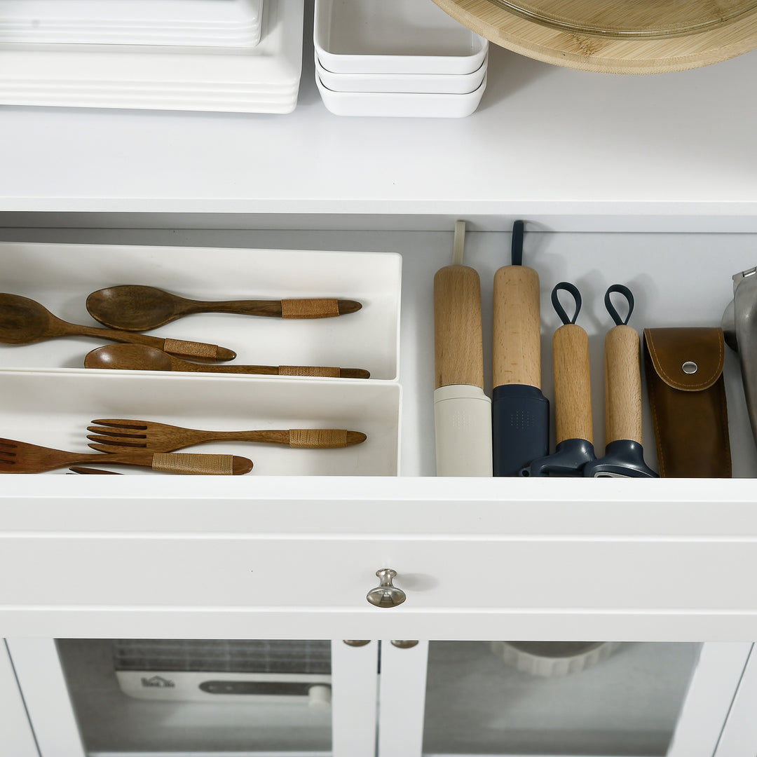 HOMCOM Kitchen Cupboard, Pantry Storage Cabinet w/ Tempered Glass Doors, Drawer, Open Shelf, Adjustable Shelves, 181.5 cm, White