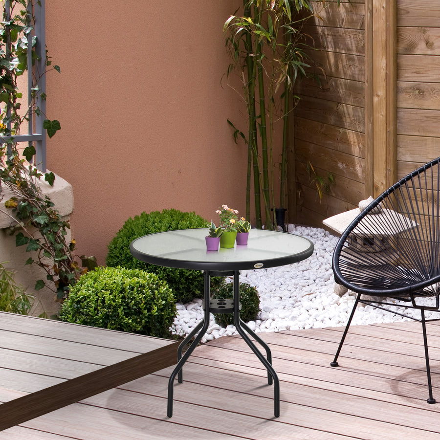 80 cm Round Garden Dining Table with Parasol Hole for 4, Outdoor Coffee Bistro End Side Table with Tempered Glass Top and Steel Frame for Patio, Porch, Black