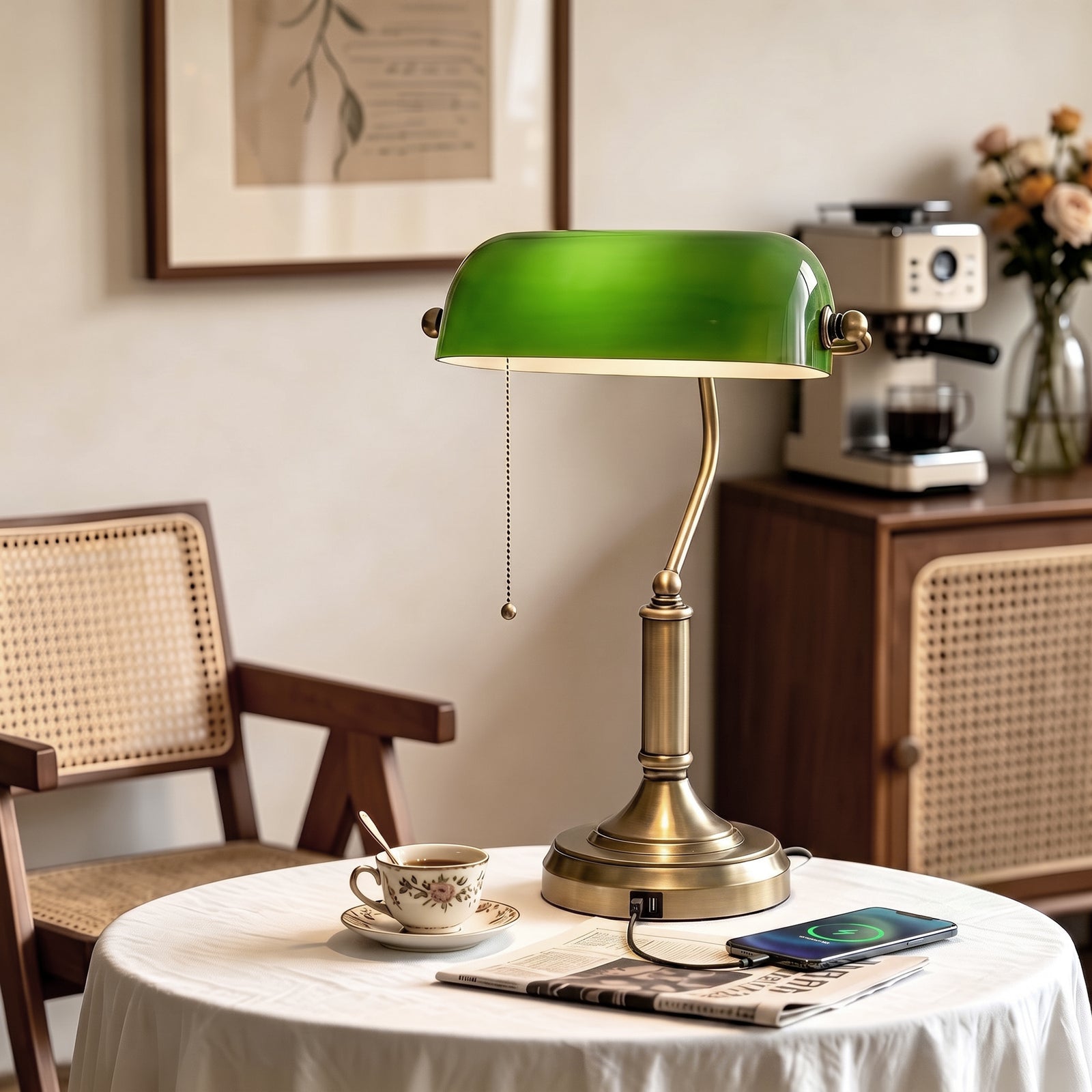 Desk Lamp with USB Ports, Banker's Table Lamp Desk Lamp with Vintage B