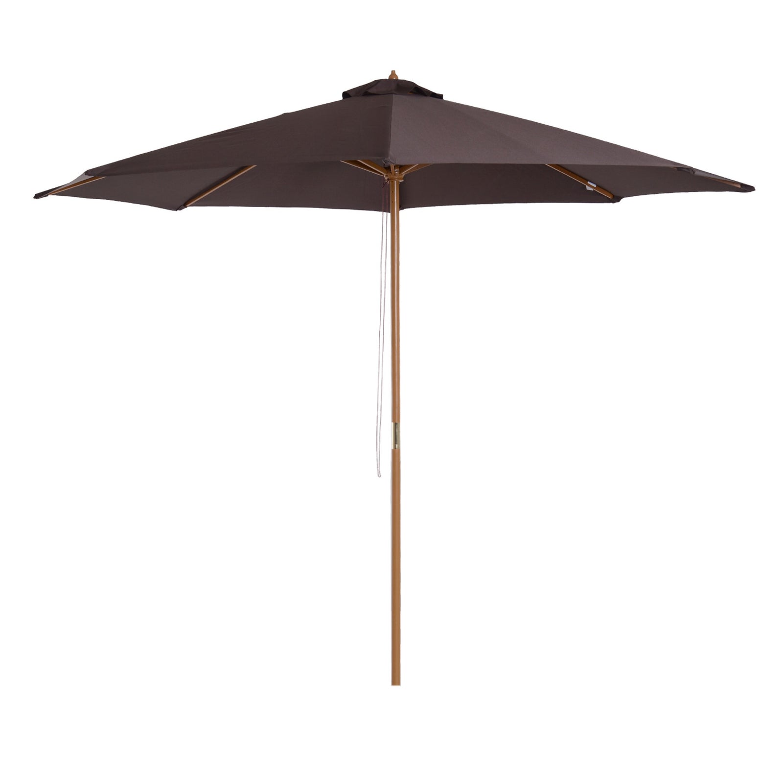 3(m) Garden Parasol, Pulley Operated Patio Umbrella, Wooden Parasol, Table Market Umbrella with Rope Pulley Mechanism and 8 Ribs, Coffee