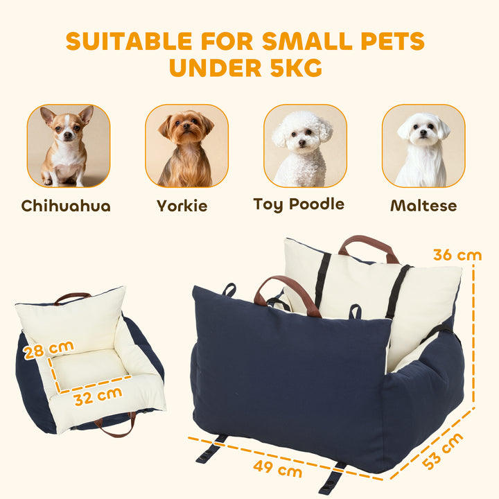 MCL Dog Car Seat, Cosy Pet Car Booster Seat for Small Dog Under 5 KG, Portable Travel Bed with Safety Belts, Navy Blue