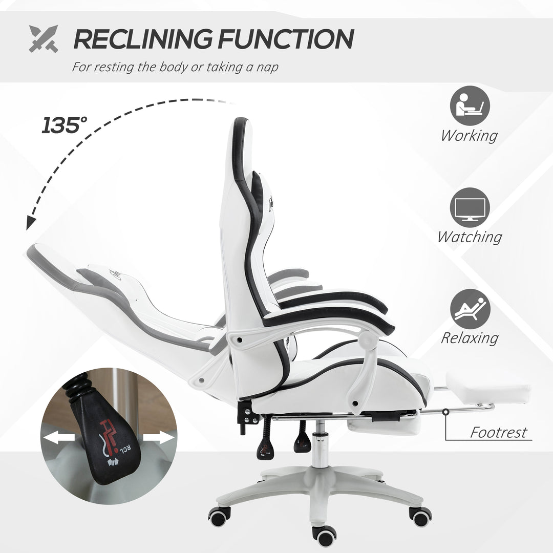 Computer Gaming Chair, PU Leather Office Desk Chair with Footrest, Swivel Wheels, 135° Reclining Back, Lumbar Support, Headrest for Home, White and Black