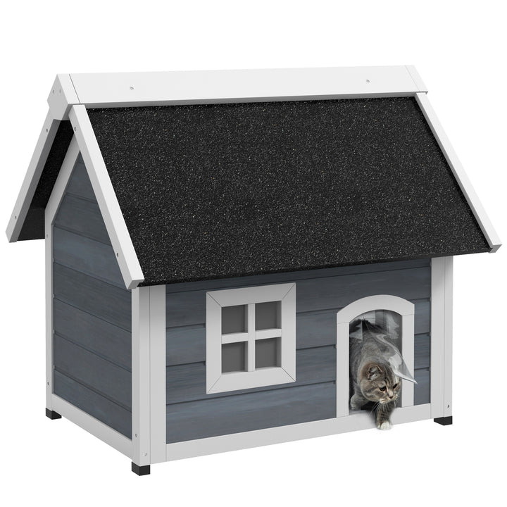 Outdoor Cat House, Wooden Feral Cat Shelter, with Openable Asphalt Roof, Three Doors - Grey