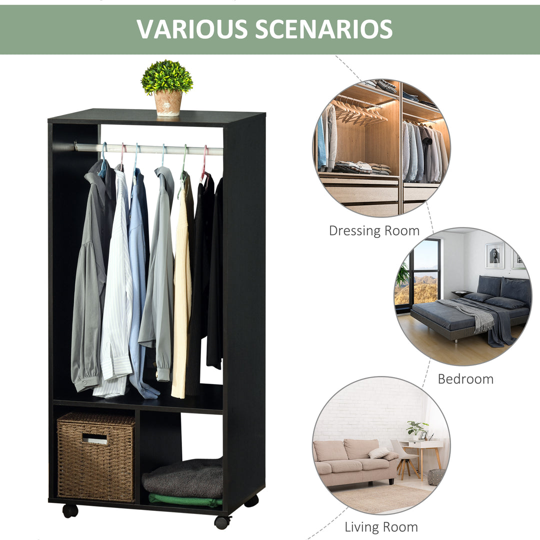 Open Wardrobe on Wheels, Bedroom Wardrobe with Clothes Hanging Rail, 2 Storage Shelves, Mobile Garment Rack for Cloakroom, Hallway, Black