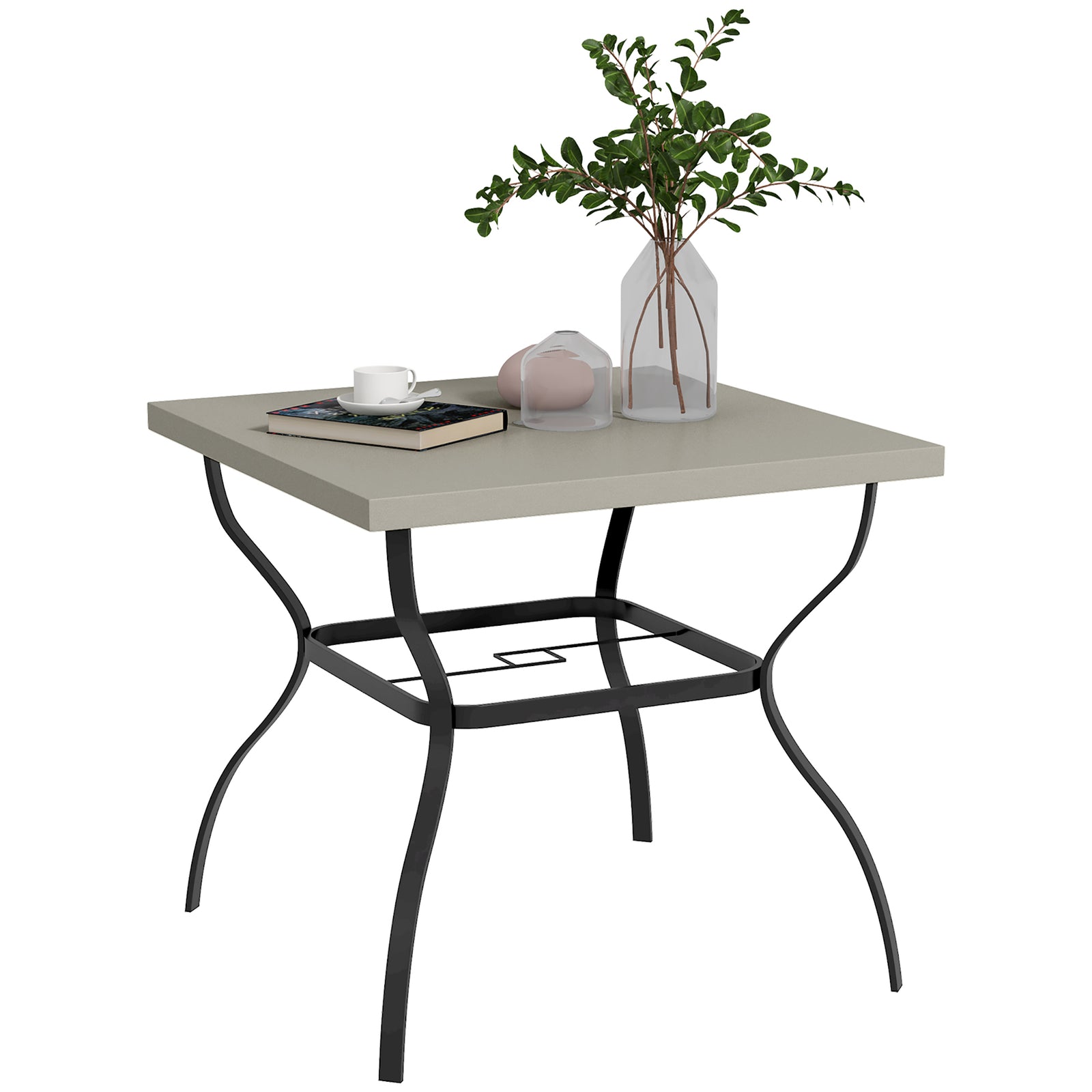 Four-Seater Steel Garden Table, with Parasol Hole - Grey/Black