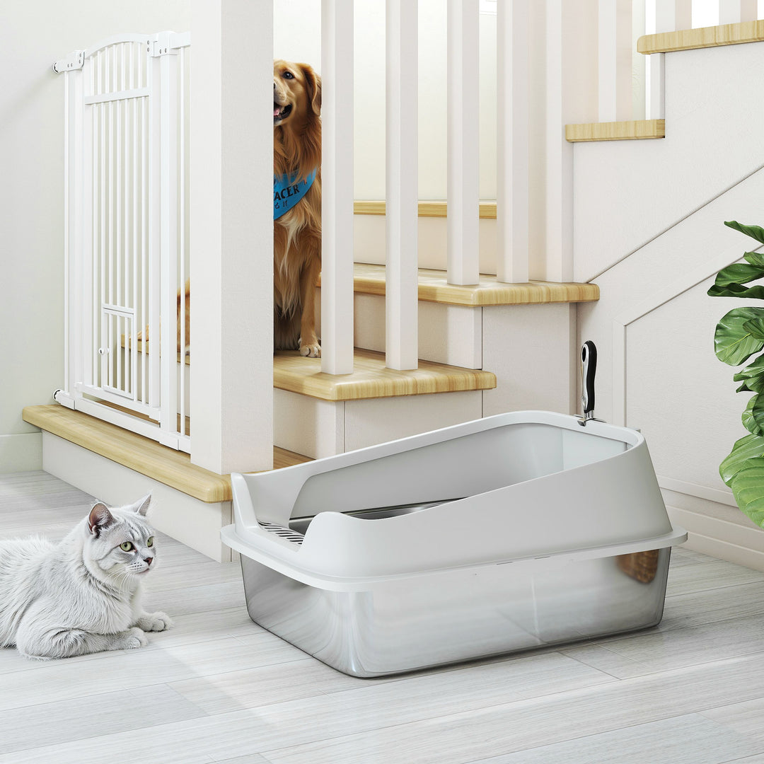 XL Stainless Steel Cat Litter Box with High Sides, Metal Scoop, 60 x 40 x 30 cm