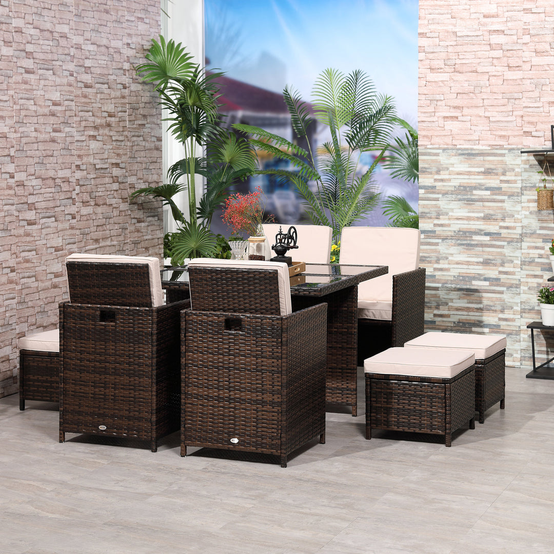 8 Seater Rattan Cube Garden Furniture Set, Rattan Dining Set with Cushions, Outdoor Dining Table and Chairs with 4 Armchairs, 4 Stools, Square Glass Top Table for Patio, Balcony, Brown