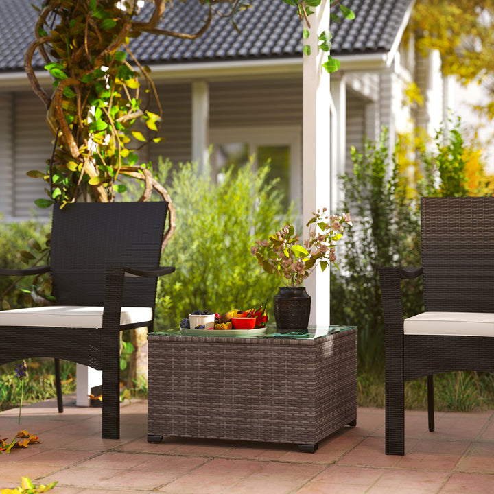 62 x 62cm Glass-Top Rattan Side Table - Dark Grey