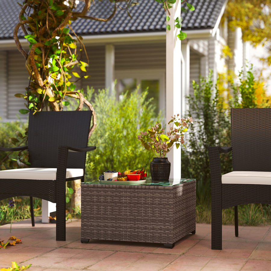 62 x 62cm Glass-Top Rattan Side Table - Dark Grey