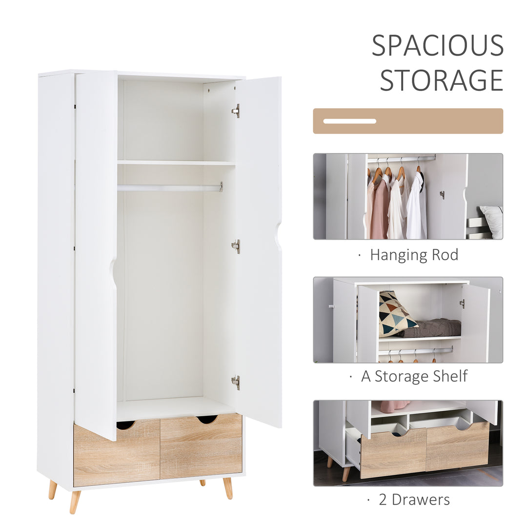 HOMCOM 2-Door Clothes Wardrobe w/ Rail Shelf 2 Drawers Wood Feet Elegant Home Storage Organisation Furniture Dresses Coats Blankets White | Aosom UK