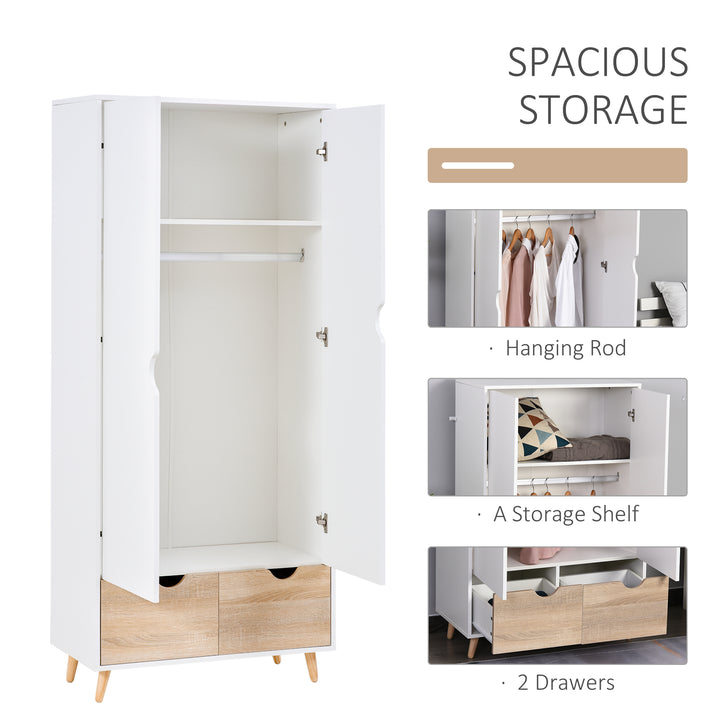 HOMCOM 2-Door Clothes Wardrobe w/ Rail Shelf 2 Drawers Wood Feet Elegant Home Storage Organisation Furniture Dresses Coats Blankets White | Aosom UK