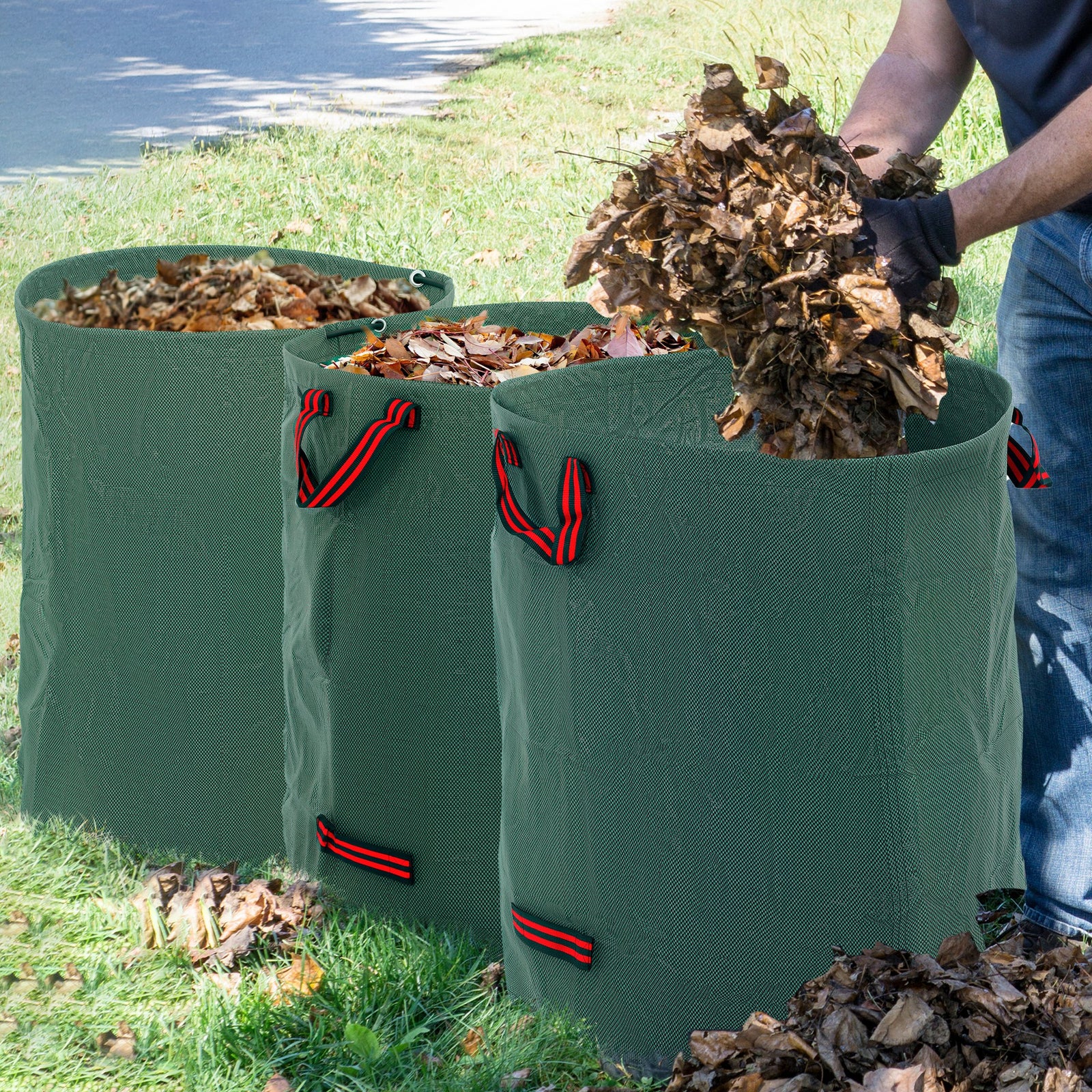 Garden Waste Bags, 300L x 3 Heavy Duty Garden Bags, Foldable and Reusable Waste Sacks with Handles for Loading Leaf, Trash, Debris, Green