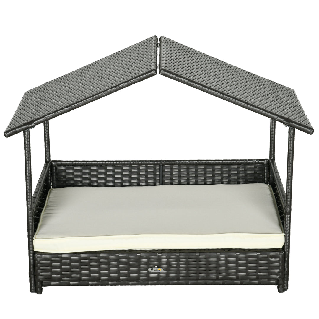 Extendable Elevated Dog Bed, Rattan Dog House, with Water-Resistant Roof, Removable Cushion, Cream