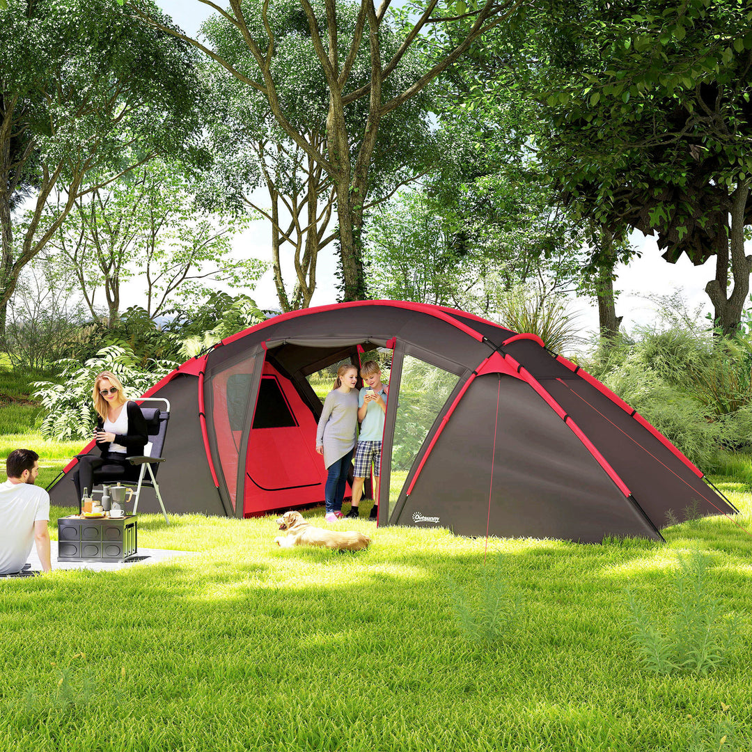 4-6 Man Family Camping Tent w/ 2 Bedrooms and a Living Room, Waterproof Tunnel Tent w/ Sewn In Groundsheet, Doors, Windows, Carry Bag, Grey