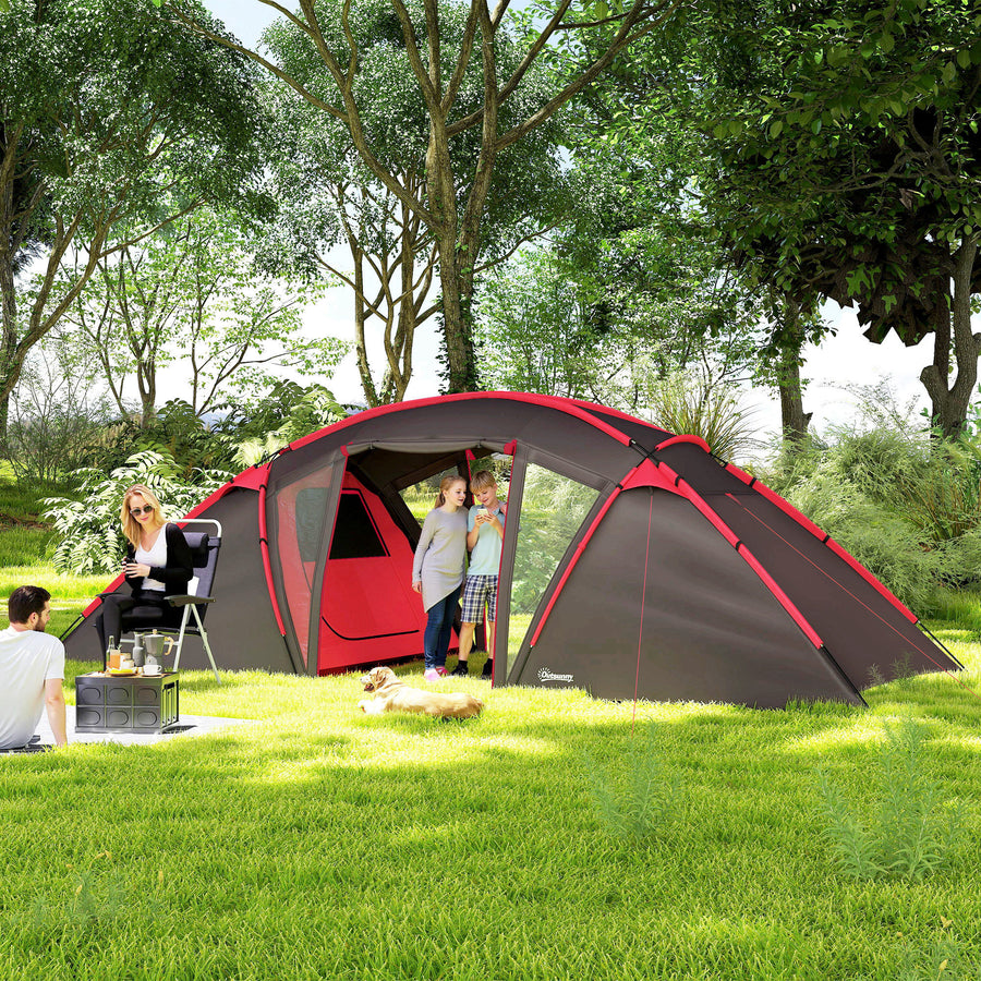 4-6 Man Family Camping Tent w/ 2 Bedrooms and a Living Room, Waterproof Tunnel Tent w/ Sewn In Groundsheet, Doors, Windows, Carry Bag, Grey