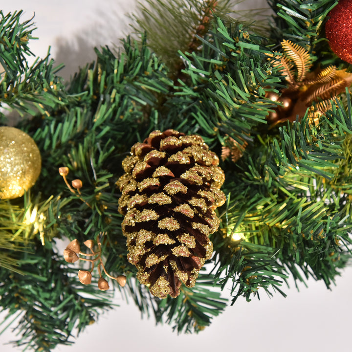 MCL 60cm Pre-Lit Artificial Christmas Door Wreath Holly LED Decor Pine Cones Hanging Glittered Festival Indoor Outdoor Decoration