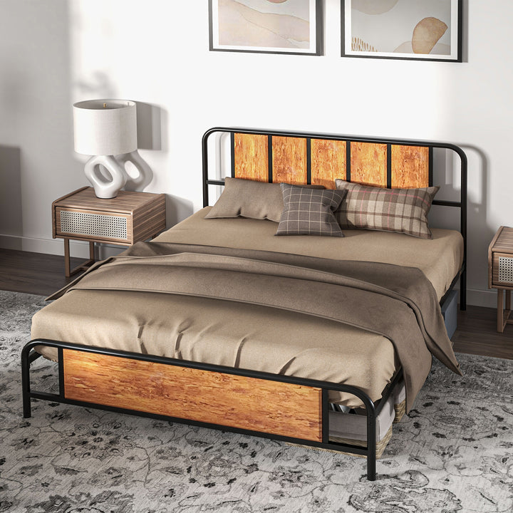 5.2ft King Bed Frame with Industrial Wood Headboard, Steel Slat Support and 31cm Underbed Storage Space, 160 x 207cm, Rustic Brown