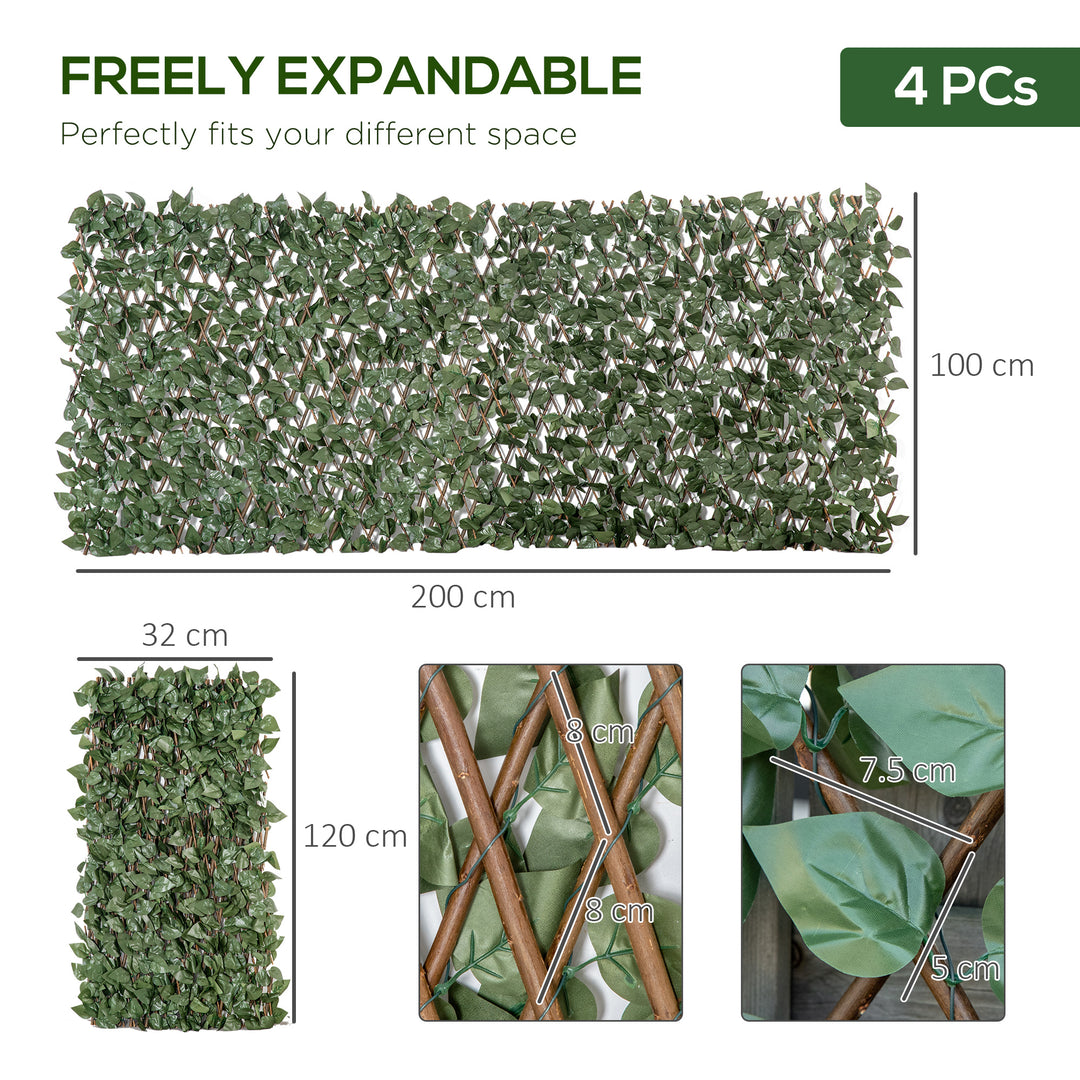 4 Pieces Expanding Trellis Fence, 2m x 1m Decorative Trellis with Artificial Leaves Garden Telescopic Hedge Privacy Screen Greenery Walls for Garden Balcony Home Decor