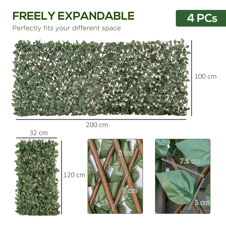 4 Pieces Expanding Trellis Fence, 2m x 1m Decorative Trellis with Artificial Leaves Garden Telescopic Hedge Privacy Screen Greenery Walls for Garden Balcony Home Decor