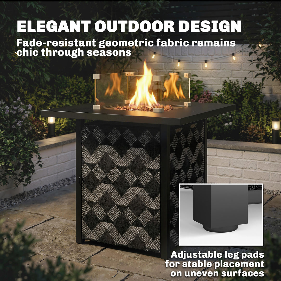 Square Propane Gas Fire Pit Table, 12 KW Firepit with Glass Wind Guard