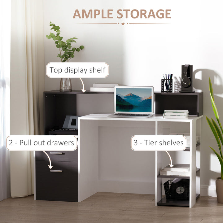 MCL Computer Desk with Drawers and Storage Shelves, Office Desk Writing Table with Printer Stand, Large Workstation for Study Play Work Home Office, 137 x 55 x 92cm, Black and White