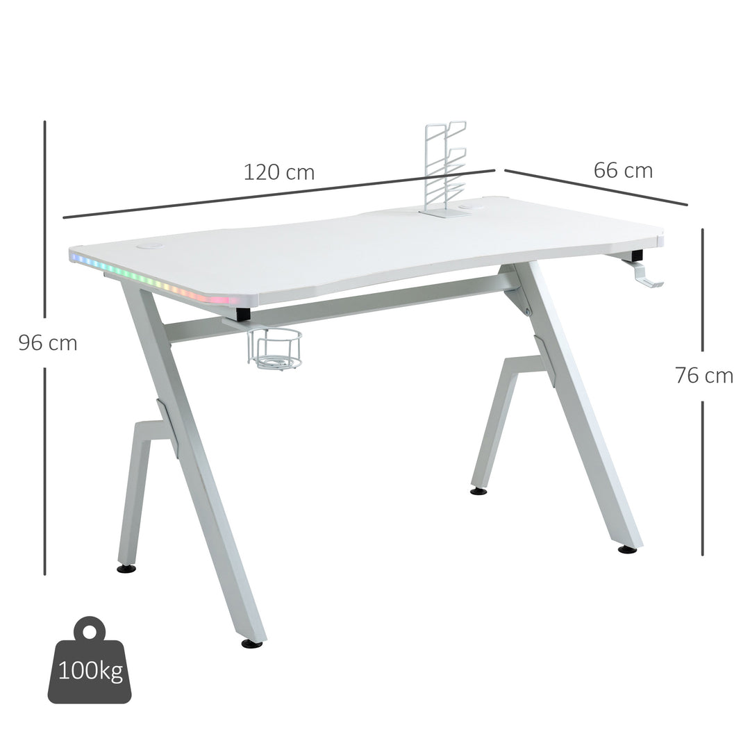 RGB 120 x 66cm Gaming Desk, Computer Table with Carbon Fibre Surface, Headphone Hook, Cup Holder, Controller Rack, Home Office Desk, White