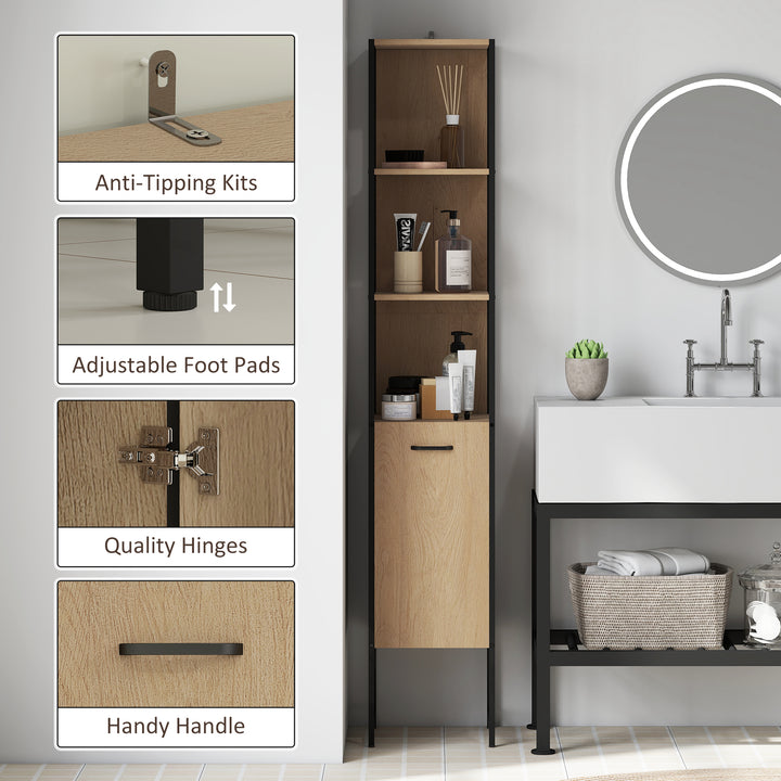 Tall Bathroom Cabinet with Open Shelves and Adjustable Shelf - Natural Wood Finish