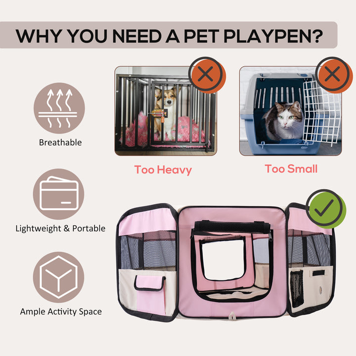 PawHut Playpen for Small Pets, Fabric Construction, Ideal for Puppies, Cats, Rabbits, Guinea Pigs, Dia90 x 41H cm, Pink and Cream | Aosom UK