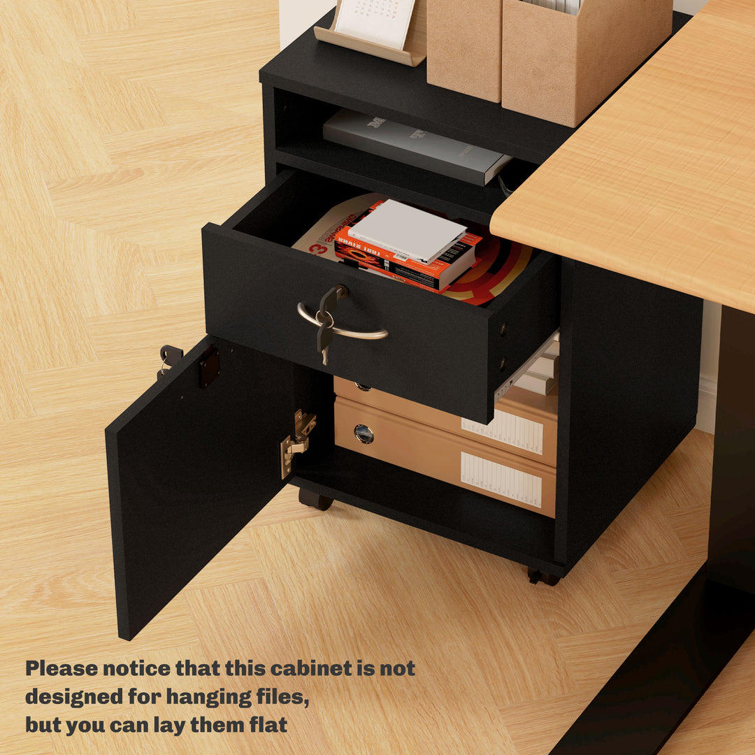 60cm Filing Cabinet with Drawer, Open Shelf, Metal Handles and 4 Wheels, Office Home Organiser Mobile Printer with Two Locks, Black