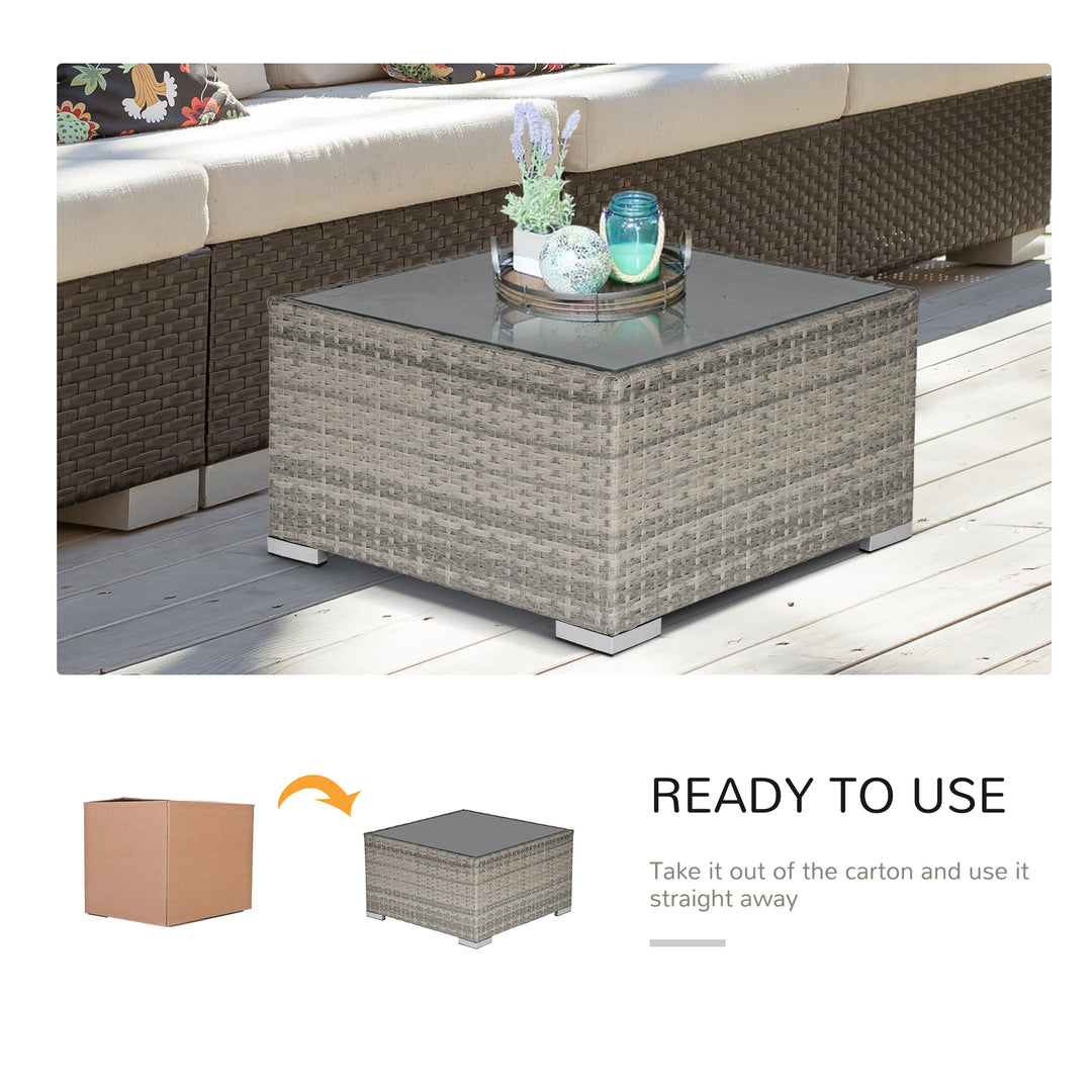 Square PE Wicker Rattan Table, with Glass Top - Light Grey