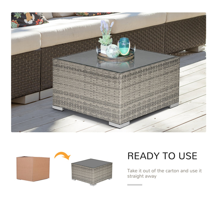 Square PE Wicker Rattan Table, with Glass Top - Light Grey