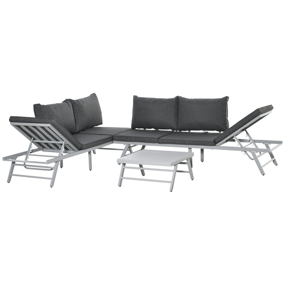 3 Pieces Garden Furniture Sets, 6 Seater Corner Sofa Set with Adjustable Backrest Chase Lounge with Slatted Metal Top Table, Padded Cushion, Grey