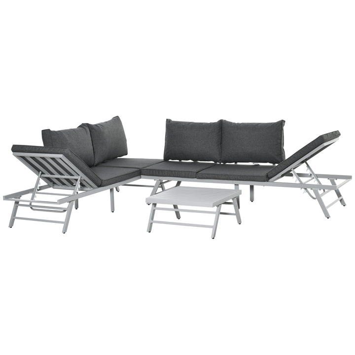 3 Pieces Garden Furniture Sets, 6 Seater Corner Sofa Set with Adjustable Backrest Chase Lounge with Slatted Metal Top Table, Padded Cushion, Grey