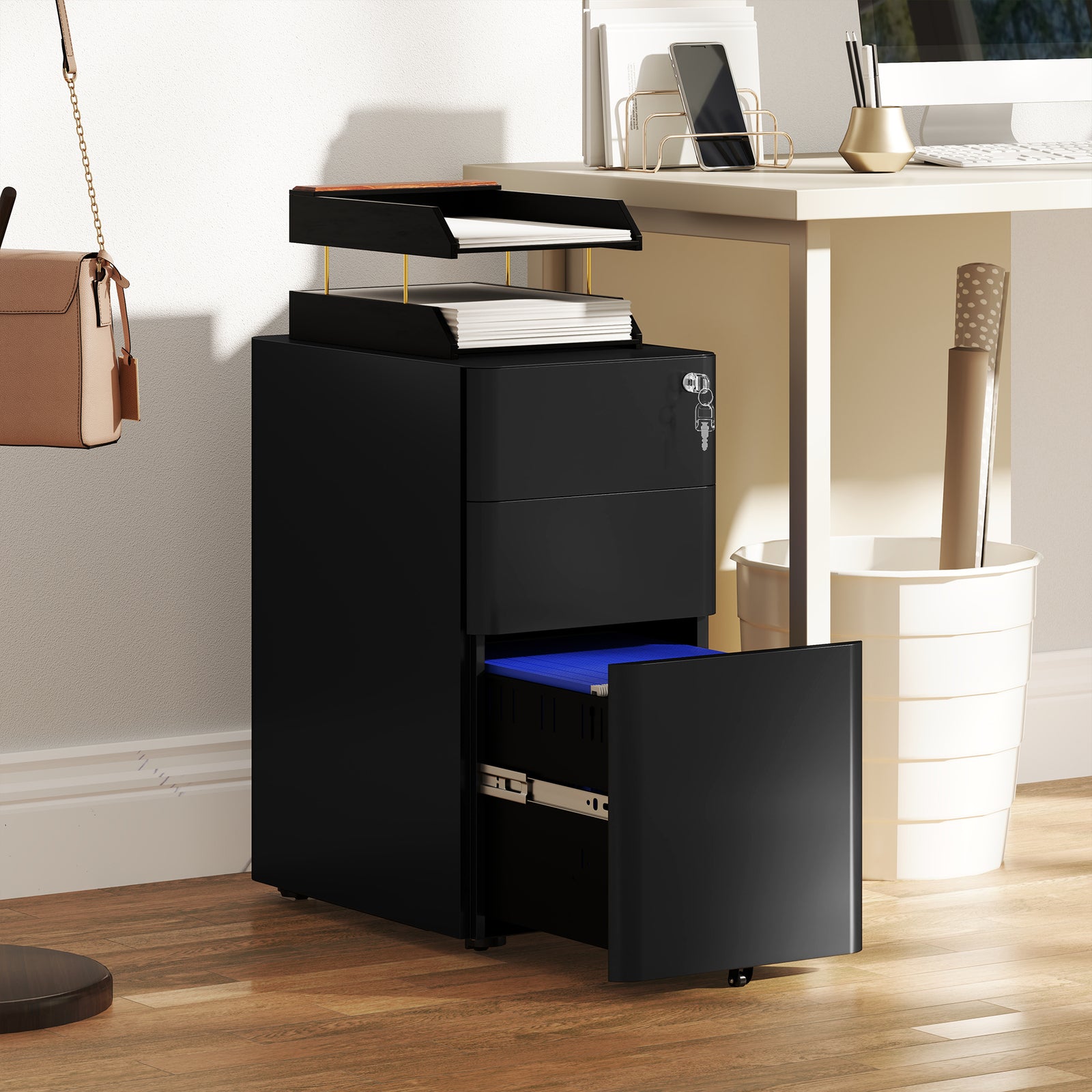 3-Drawer Steel Filing Cabinet with Lock - Black